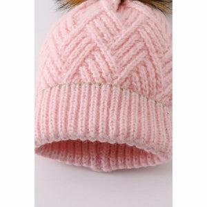 Pink cross cable knit pom pom beanie hat sz Toddler / Child NEW