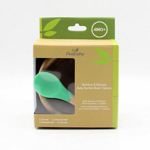 Bamboo suction dish & spoon set for baby & toddler green in packaging