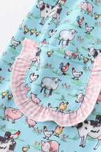 Load image into Gallery viewer, Teal white collar with pink gingham trim farm print dress for kids close up of ruffle pocket