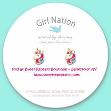 Load image into Gallery viewer, Pink blue Purple Unicorn Clip on earrings on tag card.