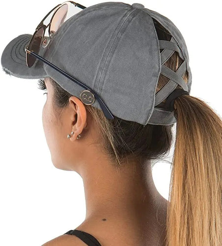 Criss Cross Ponytail Hat in gray with side sunglass holder buttons