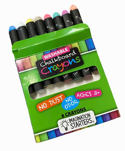 washable chalkboard crayons from Imagination Starters. No smear and easy wipe off with wet wipe! Has rounded tip so less breakage.