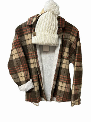 Brown White Red Plaid flannel soft lined Shacket Fall Jacket NEW ~ Adult sizes