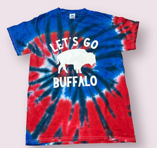 Red White & Blue tie dye tee with Let's Go Buffalo on front in white and big buffalo.
