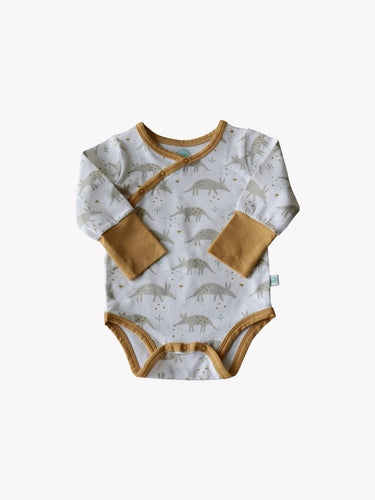 Organic Cotton white, gray, and tan grow with me baby bodysuit. Extra snaps so you get much longer use. Made in India.