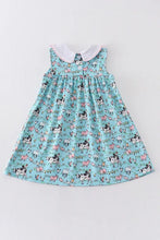 Load image into Gallery viewer, Teal white collar with pink gingham trim farm print dress for kids back of dress