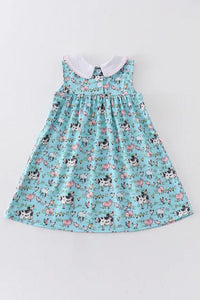 Teal white collar with pink gingham trim farm print dress for kids back of dress