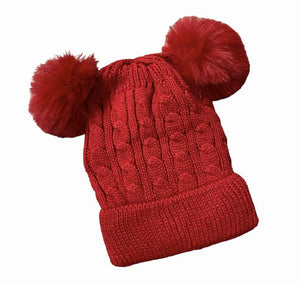 Children's velour lined double pom pom knit hat in red