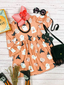 Pink Silly Ghosts & Witch Hats Twirl Dress NEW