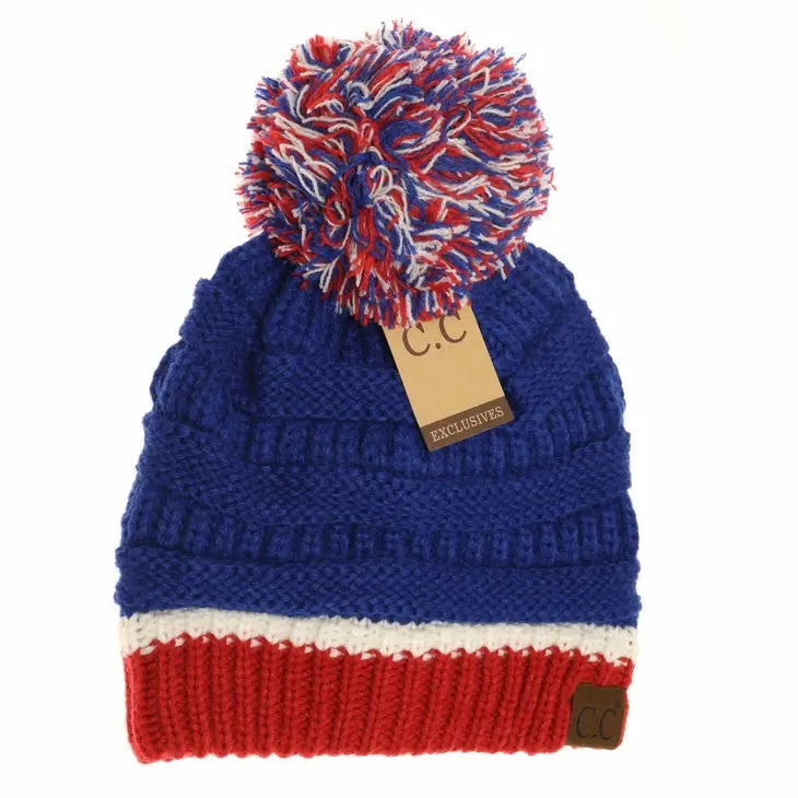 Blue White Red knit Pom Pom hat ~ big kids / adult size NEW!