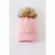 Load image into Gallery viewer, Pink cross cable knit pom pom beanie hat sz Toddler / Child NEW