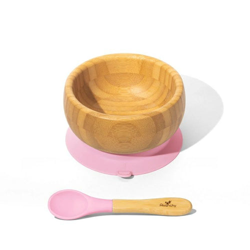 Avanchy Bamboo Suction Bowl + Spoon Set ~ Pink NEW