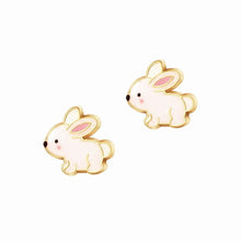 Load image into Gallery viewer, White pink glitter rabbit bunny lead free pierced earrings. Perfect for Easter.  