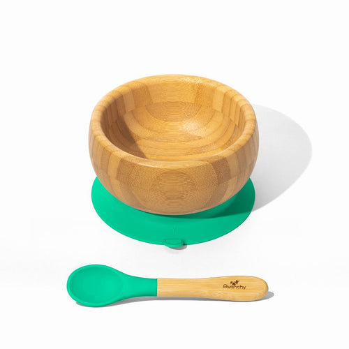 Bamboo suction dish & spoon set for baby & toddler green