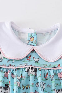Teal white collar with pink gingham trim farm print dress for kids close up of collar. Cow Dress.