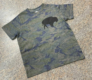 Distrssed green navy camo tshirt with black buffalo embellishment on left chest