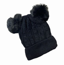 Load image into Gallery viewer, Children&#39;s velour lined double pom pom knit hat in black