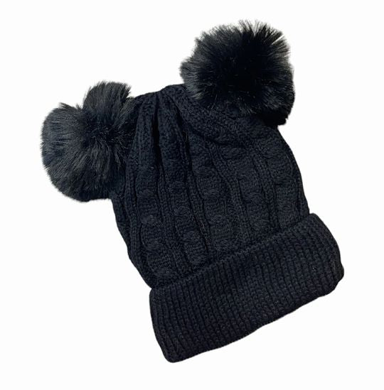 Children's velour lined double pom pom knit hat in black