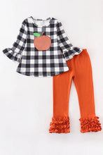 Load image into Gallery viewer, Children’s fall plaid pumpkin top &amp; triple ruffle leggings set as 3 toddler 
