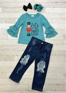 Let's Get This Party Crackin' Bell Ruffle Shirt & Cutout Jeans Set sz 5 NEW