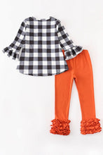 Load image into Gallery viewer, Children’s fall plaid pumpkin top &amp; triple ruffle leggings set as 3 toddler back of outfit
