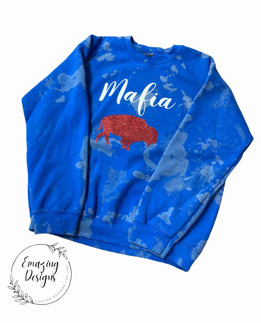 Royal Blue adult bleached Mafia Buffalo glitter crewneck swatshirt