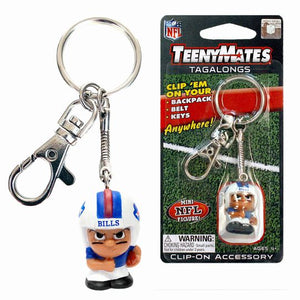 A Buffalo Bills Teenymates player keychain featuring a football player in action.