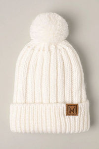 White Winter Knitted Sherpa Lined Pom Pom Beanie Hat Adult Size NEW