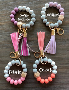 Silicone Beaded Wristlet Keychains Pink Purple